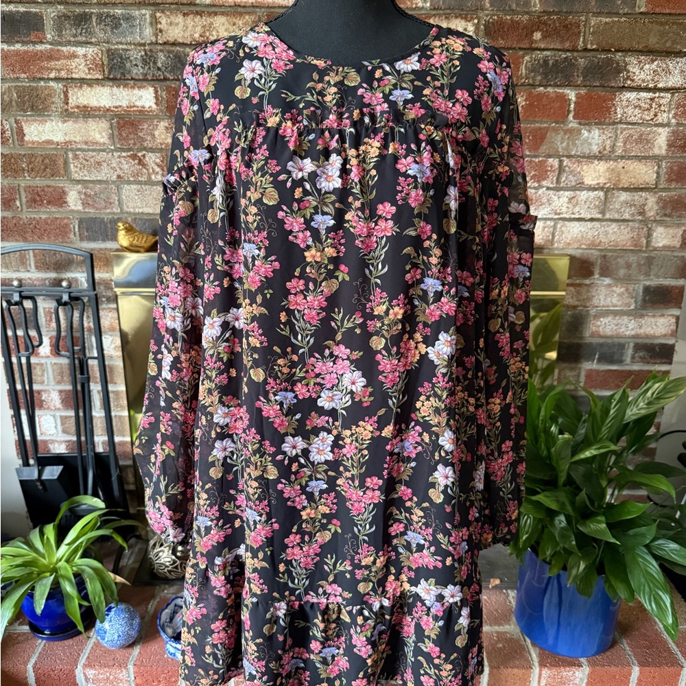 Time and Tru Black Floral Long Sleeve Dress #A